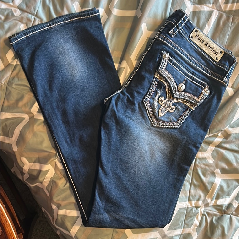 Rock Revival Blue Boot Cut Jeans with Decorative Stitching